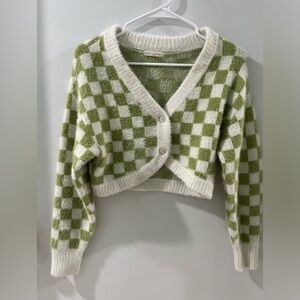 La Hearts Cropped Checkerboard Cardigan - Green & Cream, size XS